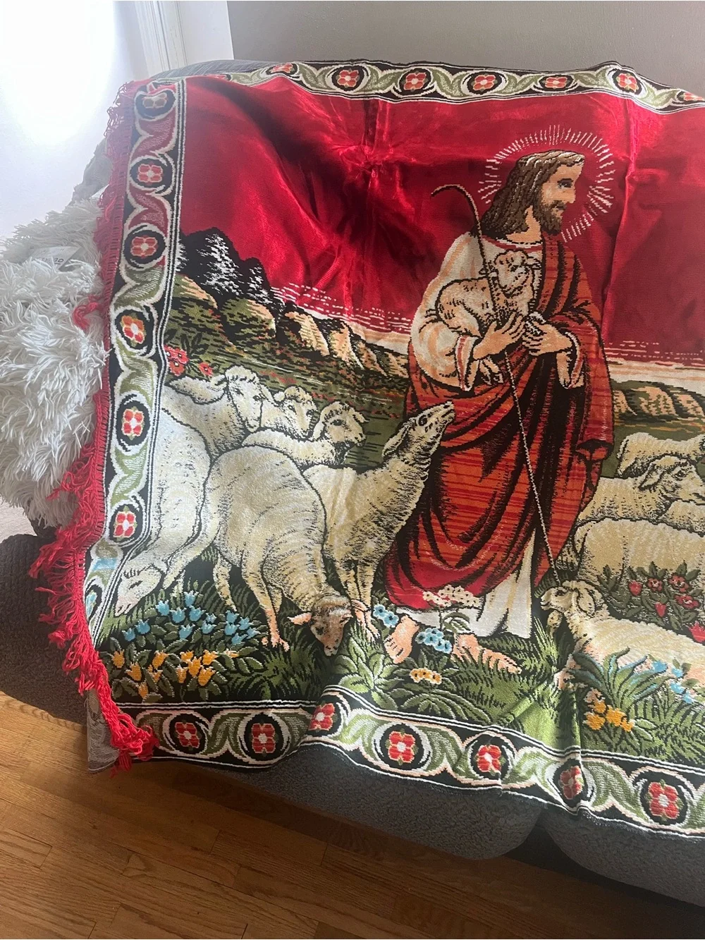 Amazing VinyReligious Shepherd Tapestry in Red and Cream